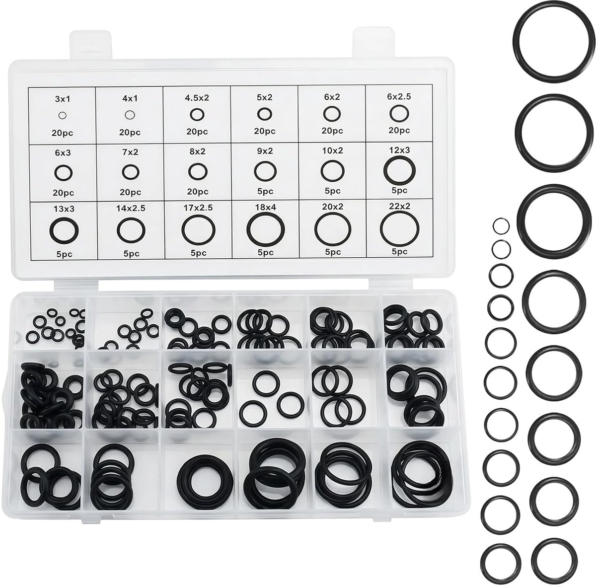 SnelShoppen - 225 Pcs Rubber O-Rings Assortiment Kit, Nitrile Rubber O-Ringen, 18 Maten Sealing Rings, Zwarte Rubber Ringen voor Hoge Temperatuur en D