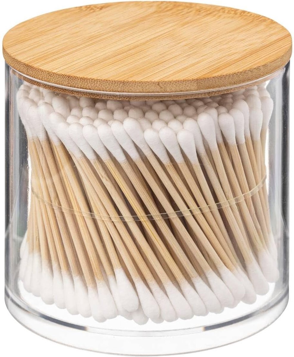 SnelShoppen - 300 Stuks Katoenen Q-tips met Bamboe Deksel - Ideaal voor Schoonmaak, Make-up, en Hygiëne - Duurzaam en Milieuvriendelijk - Compacte Ver
