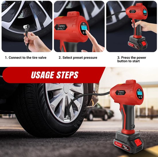 Velori Accu Bandenpomp 180 PSI - Draagbare Luchtcompressor - Elektrische Luchtpomp - Bandenpomp met Digitale Manometer - 21V Accu - Auto Fiets Motor — afbeelding 3
