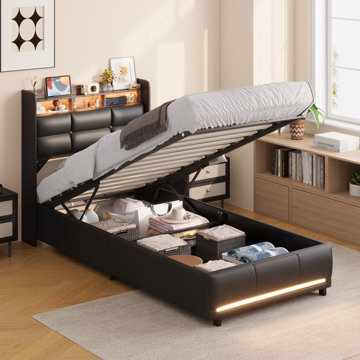 Opbergbed 90x200 cm Zwart PU-leer - Eenpersoonsbed met Hydraulische Opbergruimte, Opberghoofdbord, USB-poorten en LED-verlichting