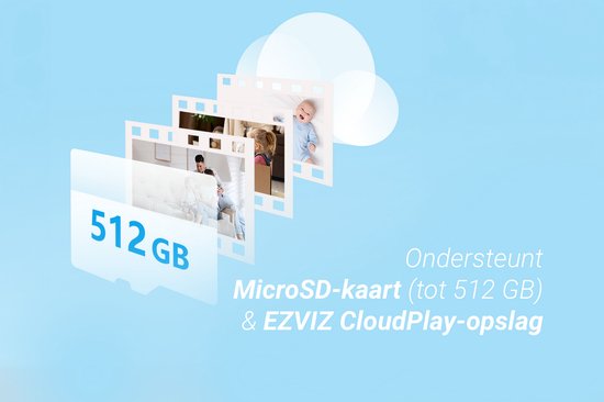 Ondersteuning voor MicroSD-kaart tot 512 GB en EZVIZ CloudPlay-opslag met afbeeldingen van kinderen en een gezin.