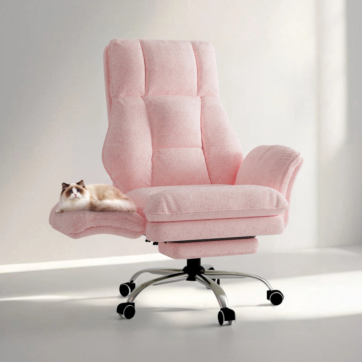 RosaBloom Bureaustoel - Gamestoel - Fauteuil - Ergonomisch - Pink Teddy Fleece - Grote Zitting - Opklapbare Aeun