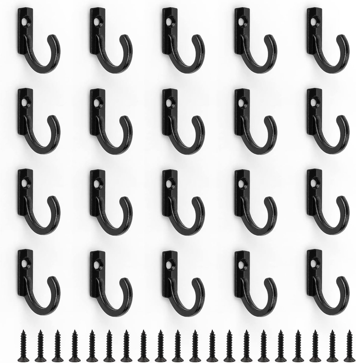 SnelShoppen - Pack van 20 Zwarte Wandhaakjes 24x17 mm met 20 Schroeven - Duurzame Zinklegering Kledinghaken voor Slaapkamer, Keuken en Meer