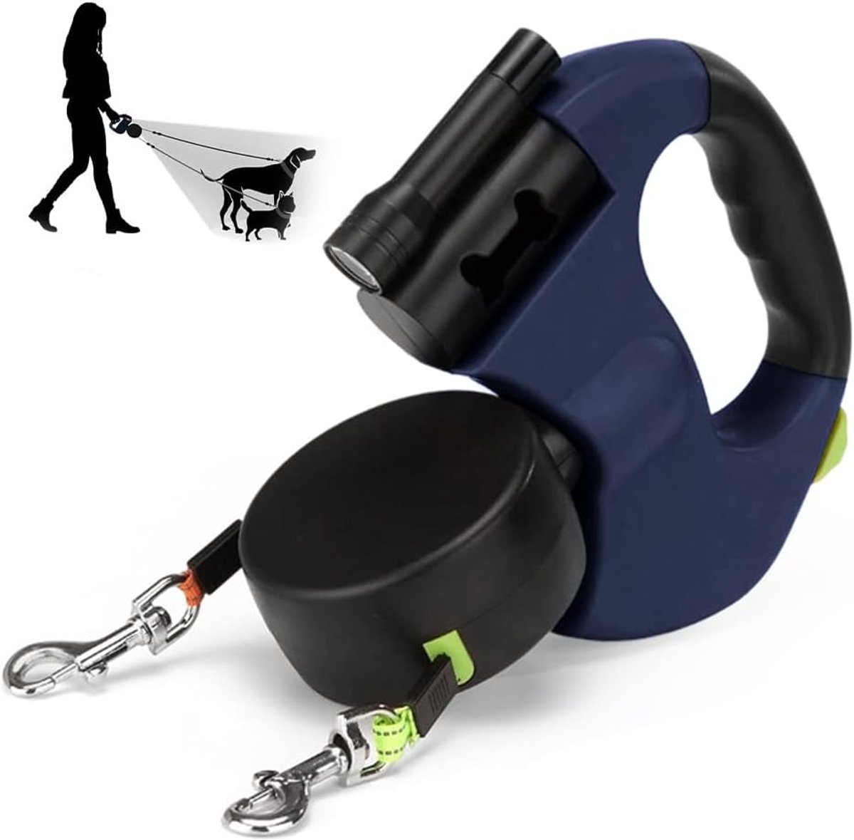 SnelShoppen - Hondenriem voor 2 Honden, Intrekbare Dubbele Lijn met 360° Draaifunctie, LED Verlichting, Reflecterend Nylon, Ergonomische Handgreep, Du