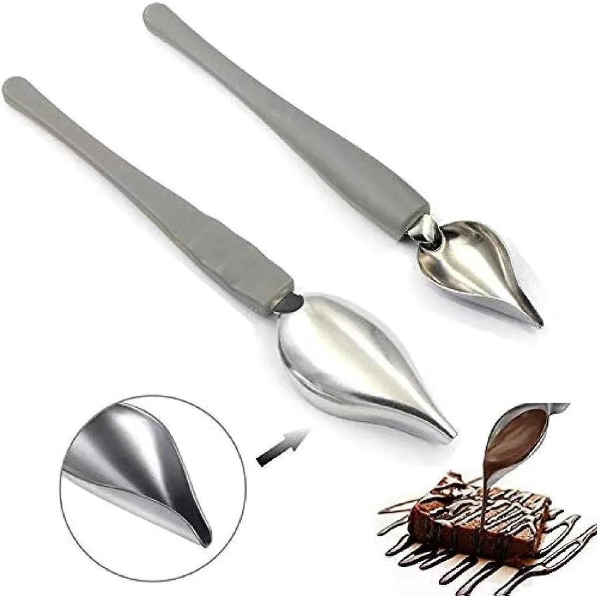 SnelShoppen - 2 Stuks RVS Puntige Sauslepels, Moderne Decoratieve Lepels voor Borddecoratie, Taart en Dessert, Duurzaam en Makkelijk Schoon te Maken