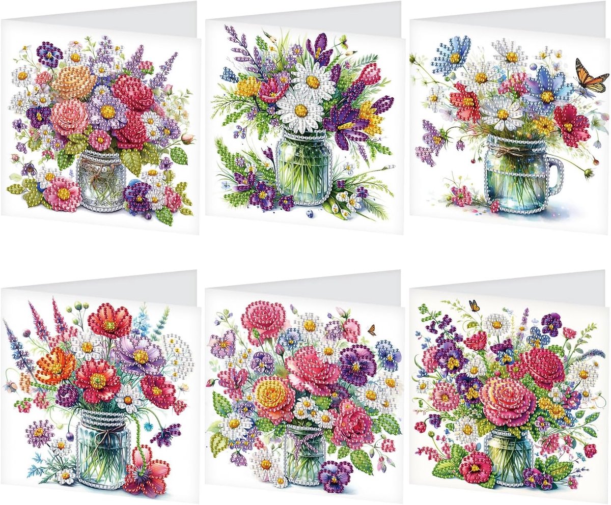 SnelShoppen - 6 Delige Set Diamant Schilderen Wenskaarten Bloemen Vaasje - Creatieve Kaarten voor Verjaardag, Bedankjes, Feestdagen, Cross Stitch Kado