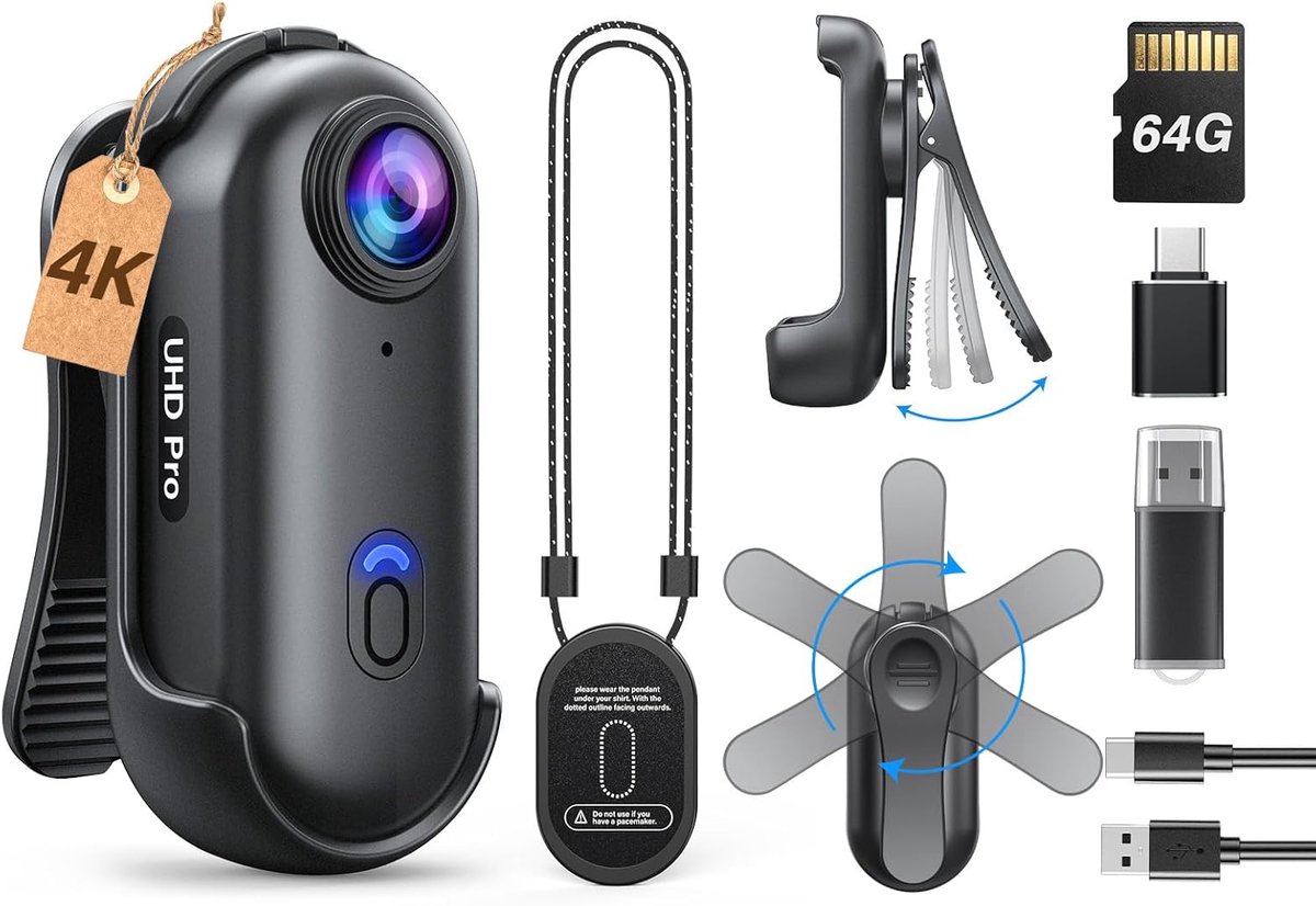 SnelShoppen - Mini Body Camera 4K met 360° Rotating Clip en Magnet Clip - Ideaal voor Reizen, Huisdieren Wandelen, Lezen - Ultra Lichtgewicht 50g - 64