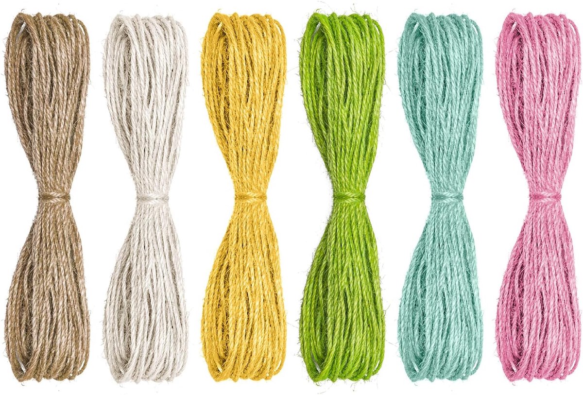 SnelShoppen - 6 Bundles x 10m Multi-Kleurige Jute Touw, Decoratieve Jute Ribbon, Kleurrijke Jute Koord, Natuurlijke Jute Twijn voor Tuinieren, Handgem