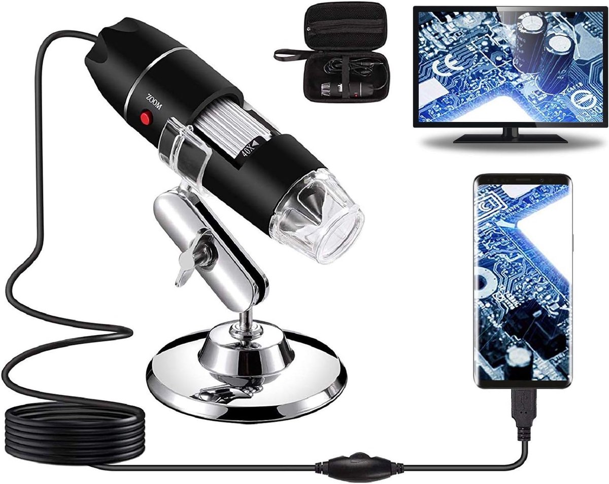 SnelShoppen - USB Digitale Microscoop 40X tot 1000X, 8 LED Endoscoop Camera met Draagtas en Metaal Stand, Compatibel met Android Windows 7 8 10 Linux