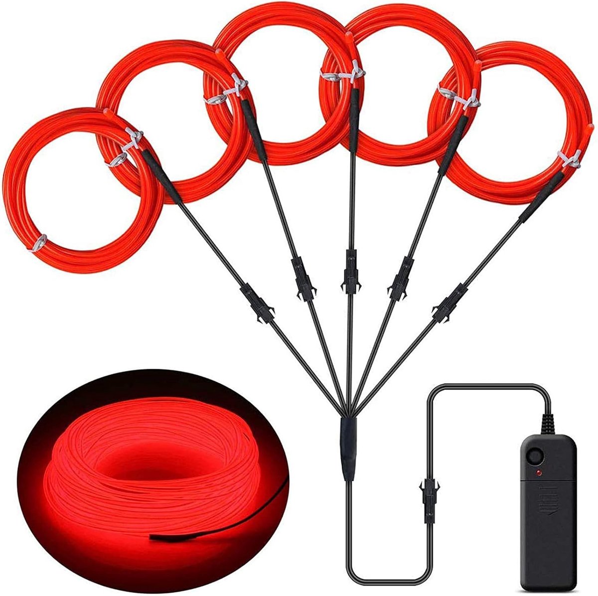 SnelShoppen - Neon Licht EL Draad 5 x 1 m, Flexibel Stroboscoop, Verlichtingskabel, Waterdicht en Weerbestendig, Rood voor Feesten en Tuin