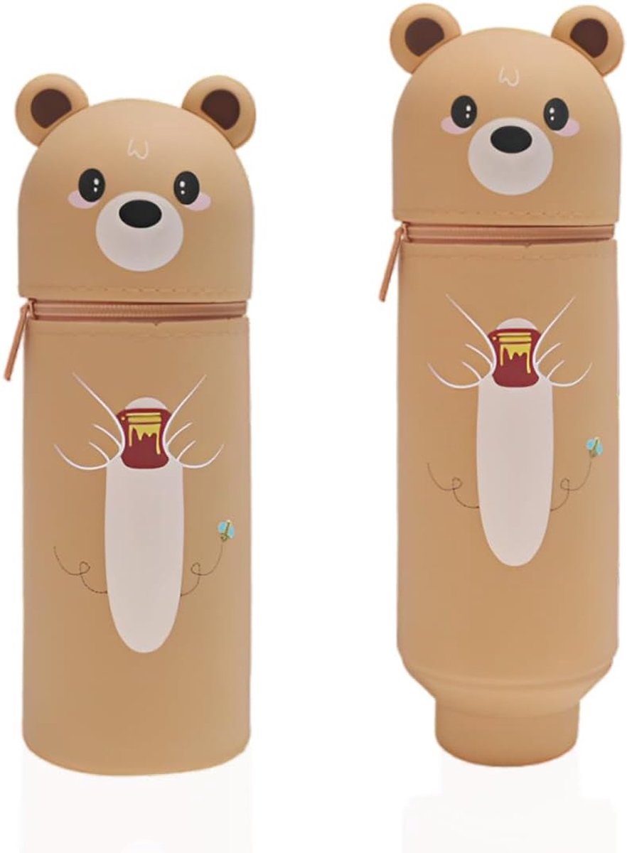 SnelShoppen - 2-in-1 Soft Silicone Potloodetui met Bureau Houder, Schattige Beer Vorm Pennenhouder voor Kinderen en Volwassenen, Bruin, Perfect voor S