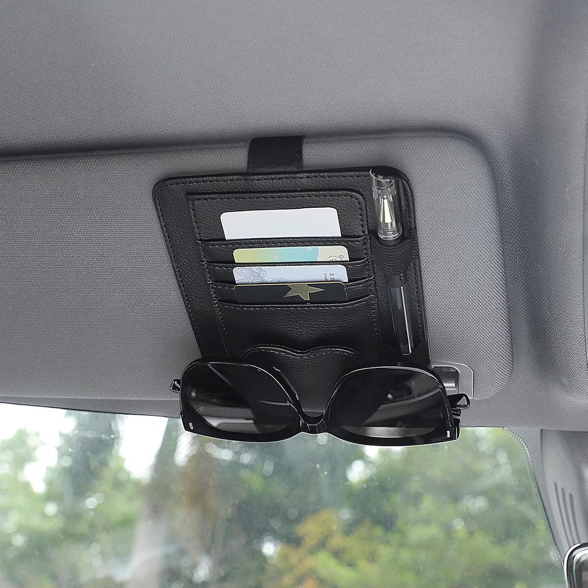 SnelShoppen - Auto Zonnevisser Organizer met Leren Brilhouder, 4 Kaartsleuven, 2 Pennenlussen, Zwart, Universele Bescherming voor Auto-interieur