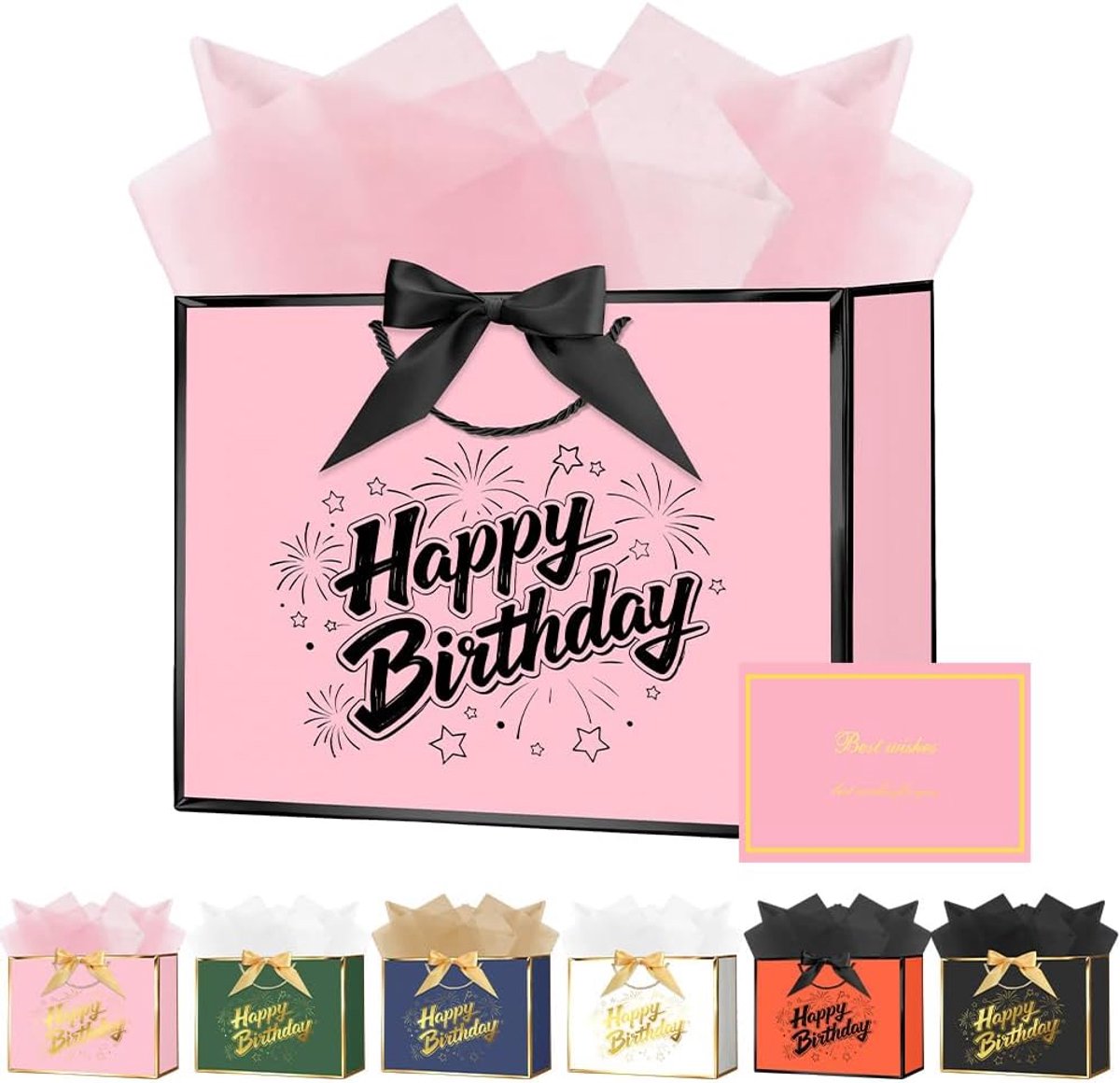 SnelShoppen - Luxe Verjaardagscadeau Tas 28x20x10 cm - Happy Birthday Gift Bag Set met Wenskaarten, Strik en Cadeaupapier voor Vrouwen en Meisjes, Per
