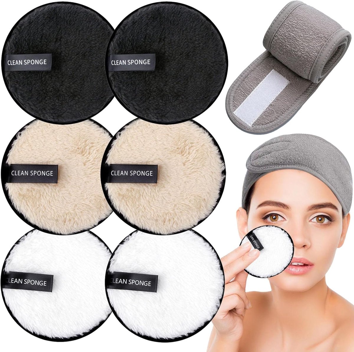 SnelShoppen - 7 Stuks Herbruikbare Makeup Verwijder Pads met Spa Haarband, Groot Dubbelzijdig Wasbaar Microvezel Katoen voor Alle Huidtypes