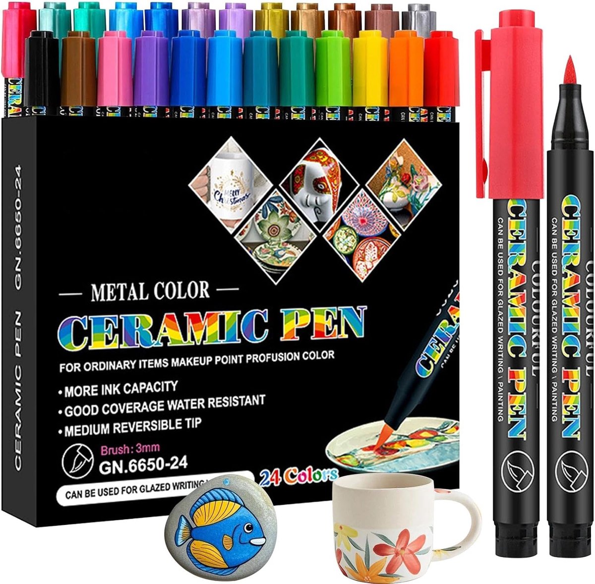 SnelShoppen - 24 Stuks Vaatwasserbestendige Porselein Pens - Waterdichte Stenen Schilder Pens - Acryl Markers voor Keramiek, Glas en Hobby - Heldere K