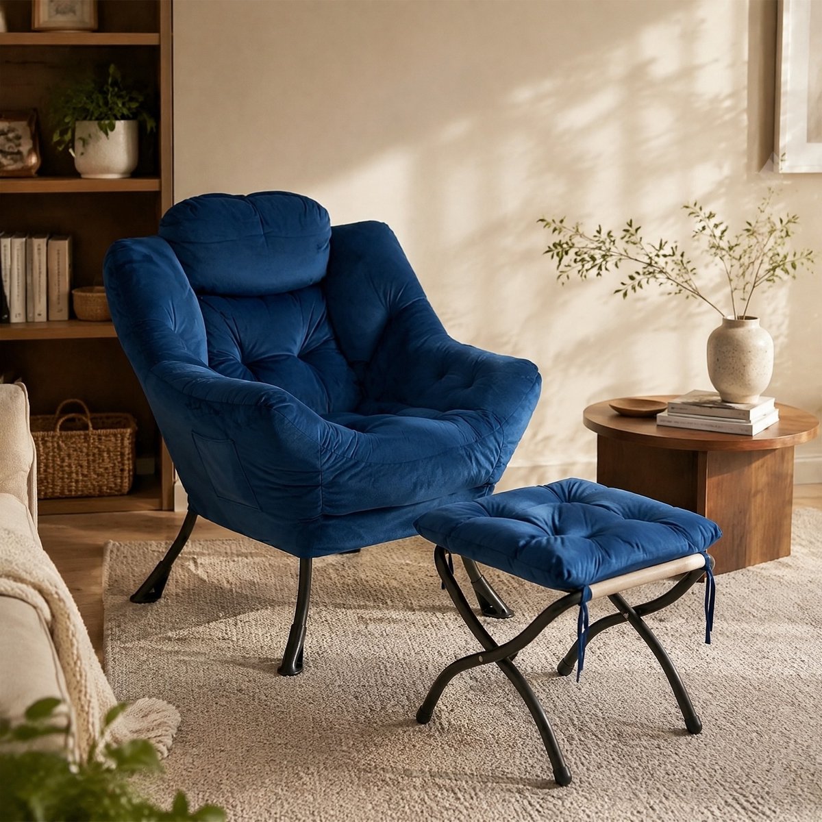COVREO Relaxfauteuil met hocker 72 x 80 x 93 cm donkerblauw met metalen frame en zijvak