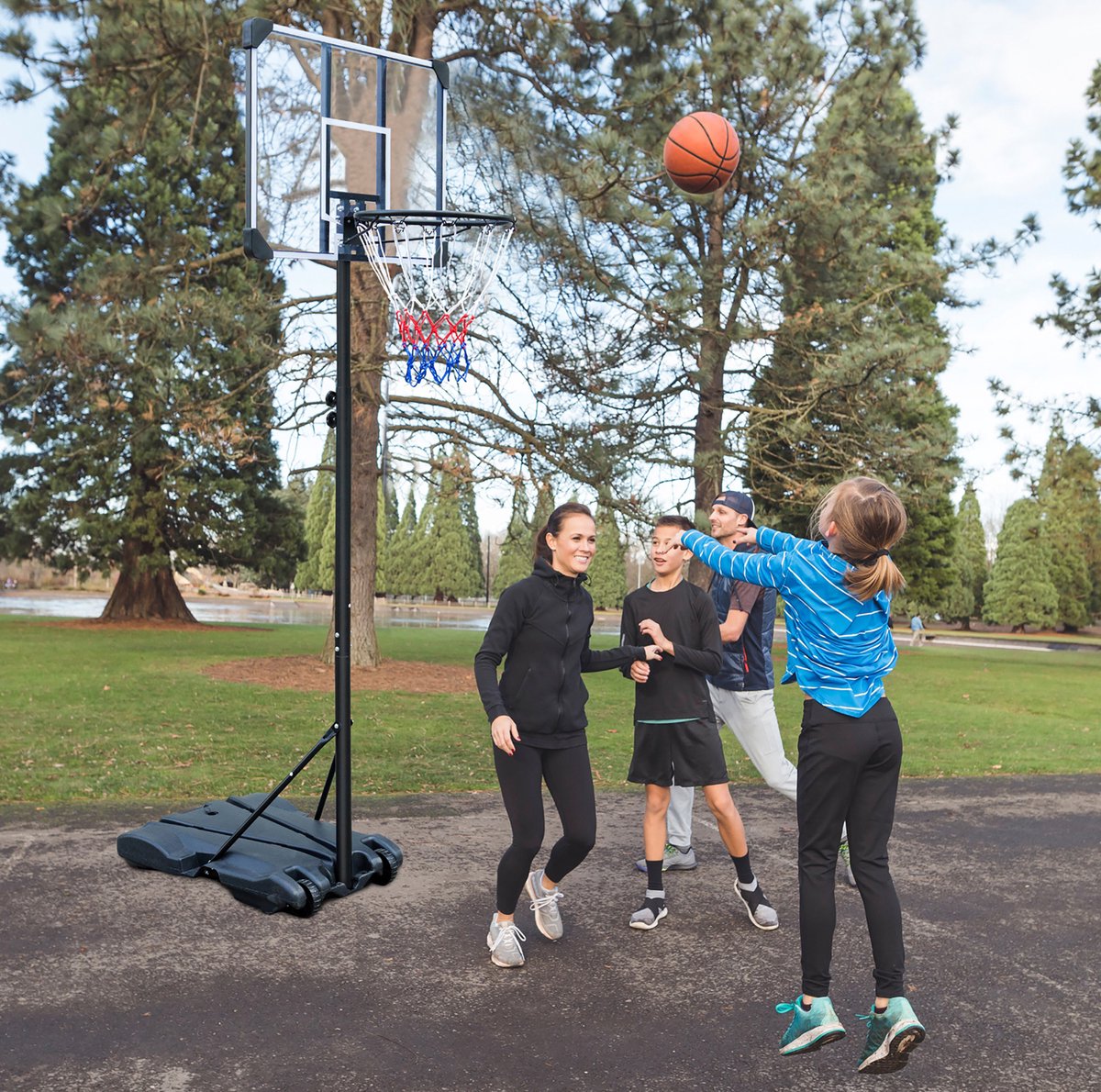 DESMIU Basketbalstandaard – In Hoogte Verstelbaar 164,59-213,36 cm – Staal En Polycarbonaat – Zwart – Met Wielen Voor Binnen En Buiten