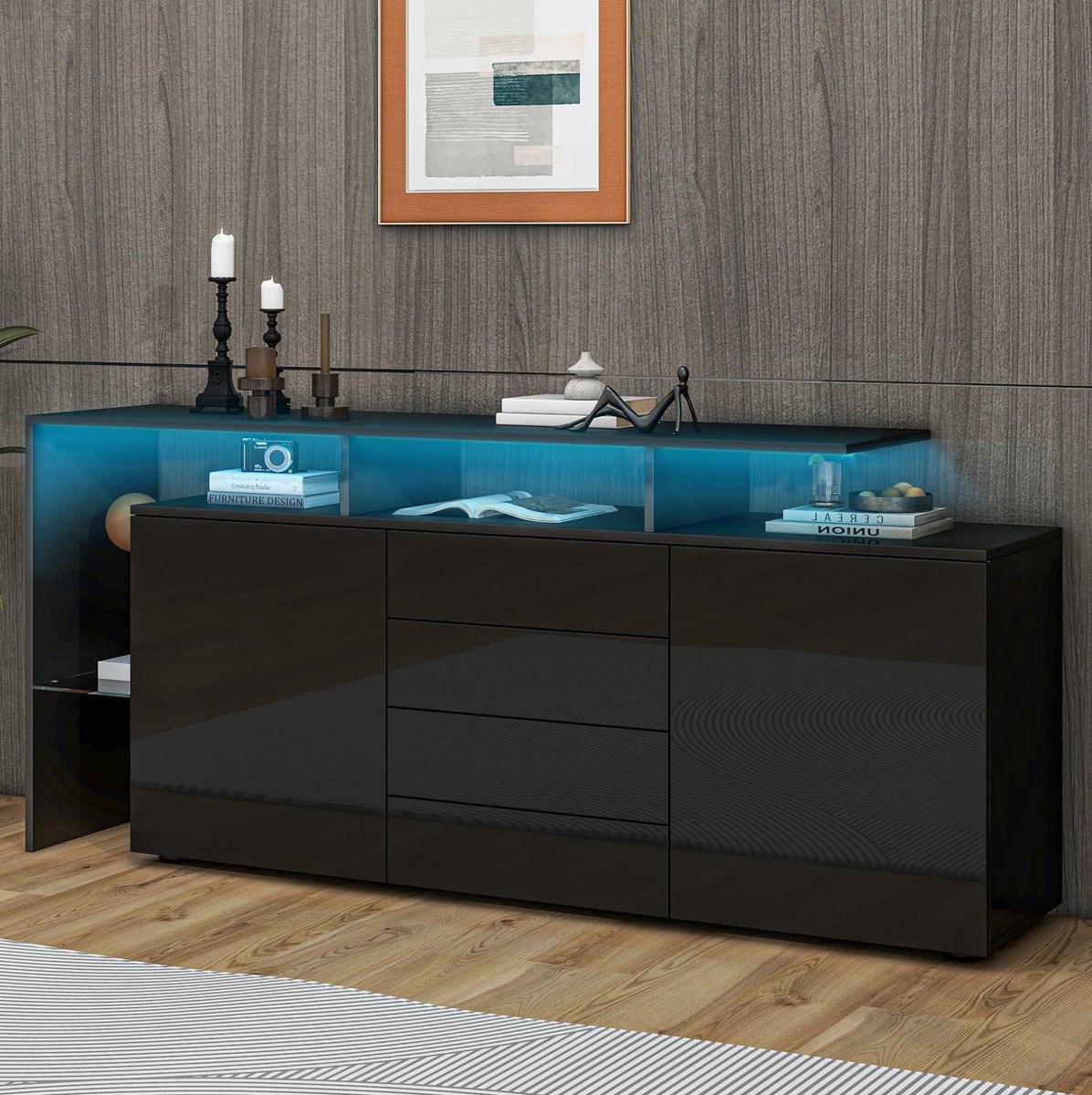 COVREO Sideboard 160x35x70 cm – zwart hoogglans, LED verlichting, 4 lades, 2 deuren