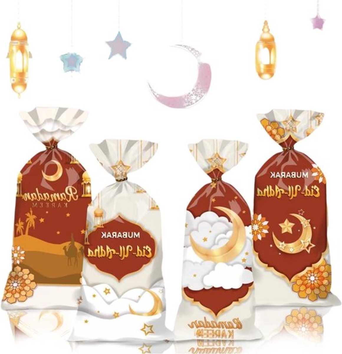 – Eid Mubarak Zakjes voor Ramadan feestdecoratie - 200 stuks, Zwart cellofaanzakjes met twist-stropdassen