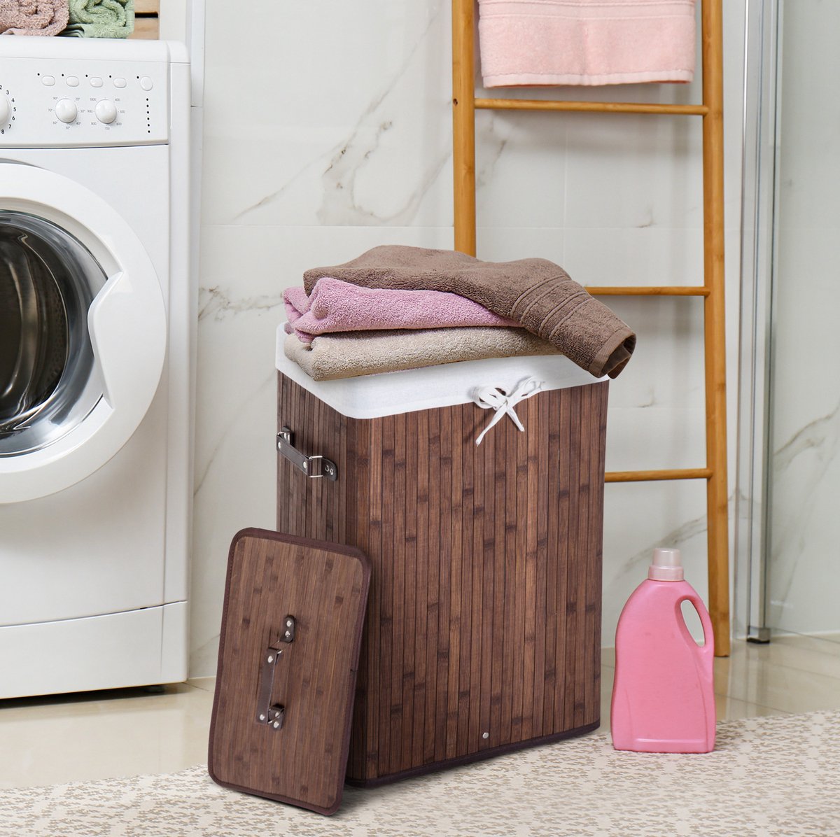 COVREO Wasmand met deksel 40 x 30 x 60 cm - donkerbruin bamboe, opvouwbaar