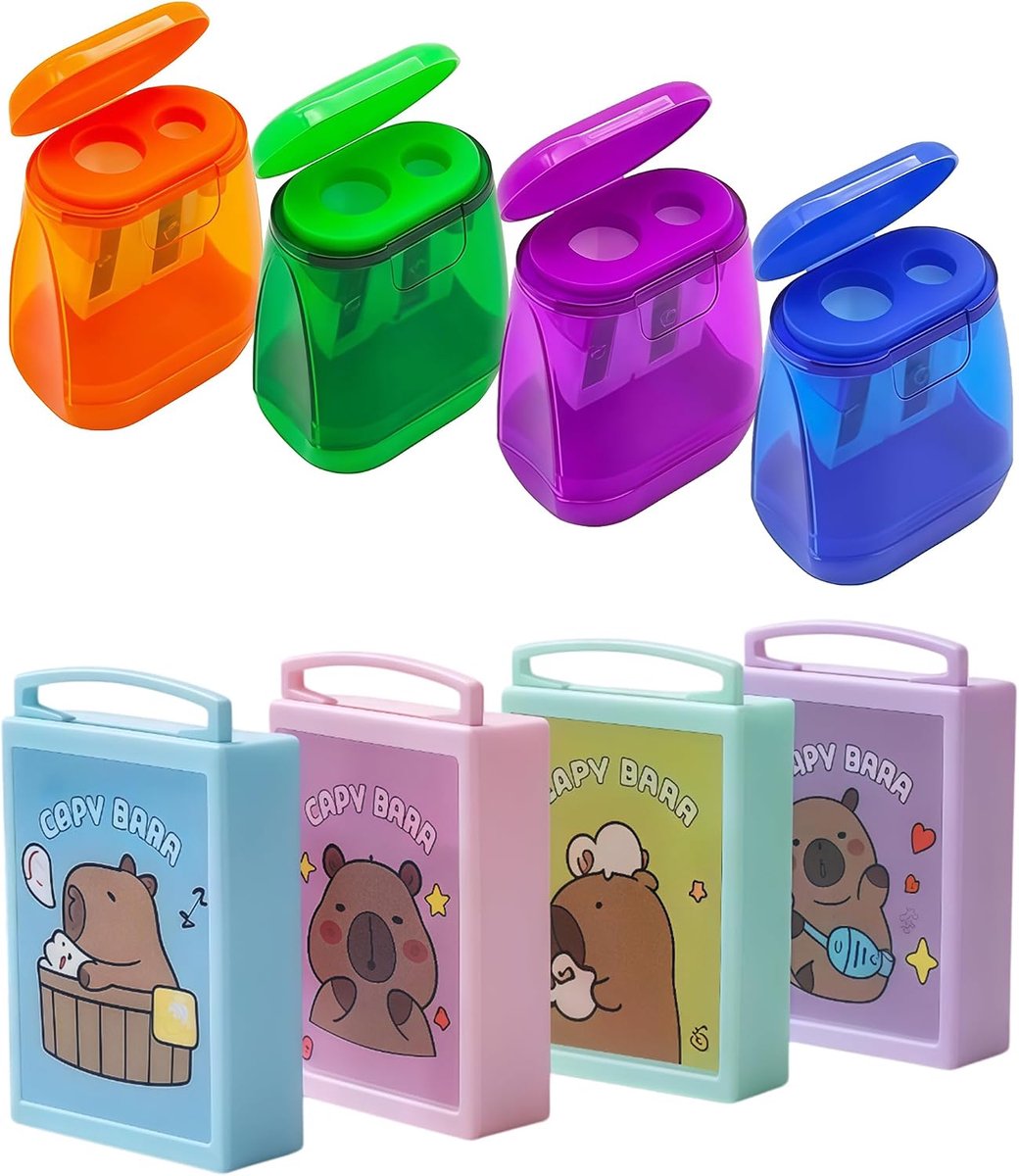 SnelShoppen - Puntenslijper Set 4 Stuks met Opvangbak + 4 Gummen, Multicolor Potloodslijpers voor School, Kantoor en Thuis, Compact en Lichtgewicht