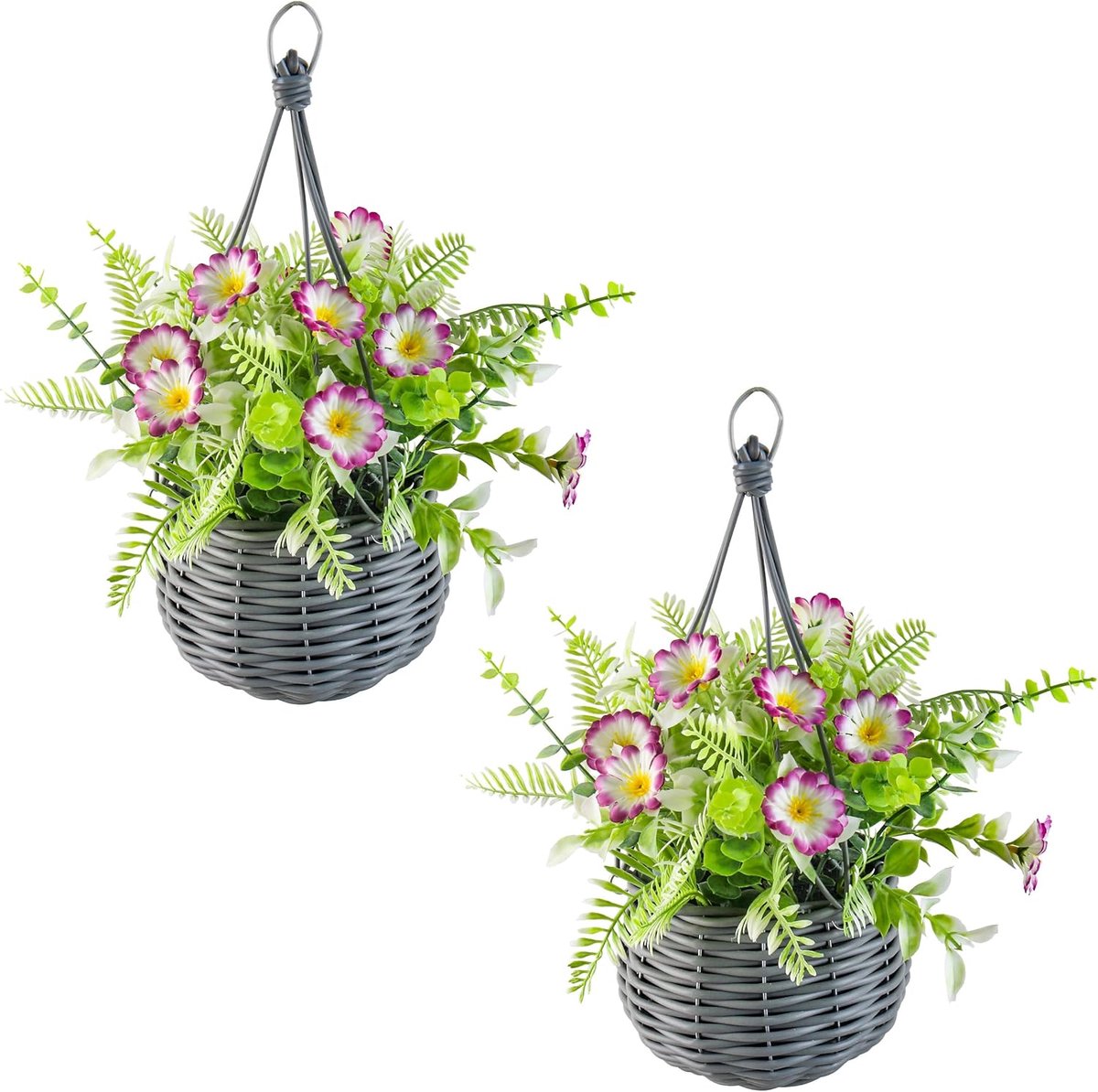 SnelShoppen - Kunstmatige Hangplanten met Mand - UV-Bestendige Planten voor Tuin, Balkon en Terras - Waterdichte Buitendecoratie Zomer Lente Zonder On