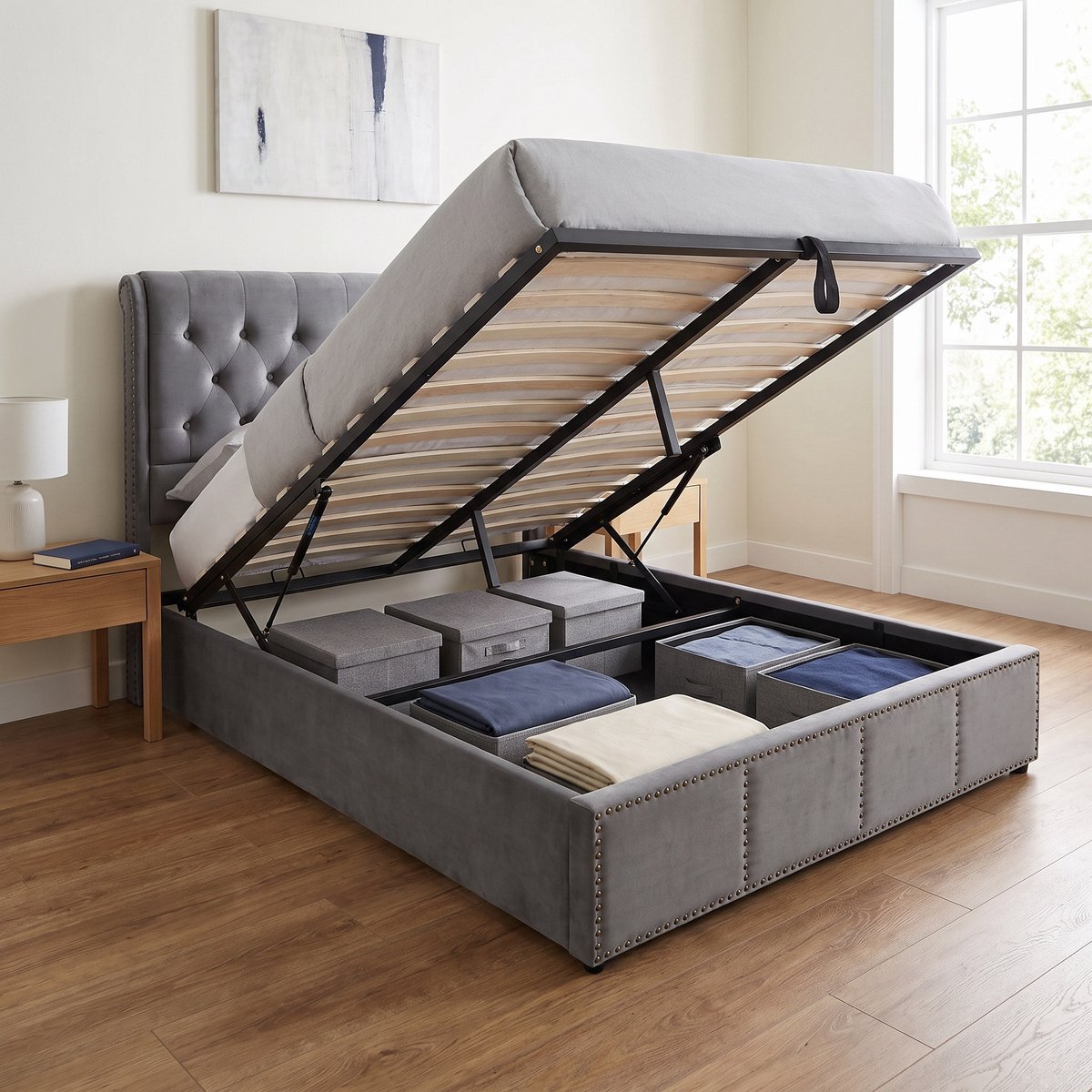 Mofor Gestoffeerd Opbergbed 160x200 cm - Tweepersoonsbed met hydraulisch opbergruimte en lattenbodem - Fluwelen bed - Grijs
