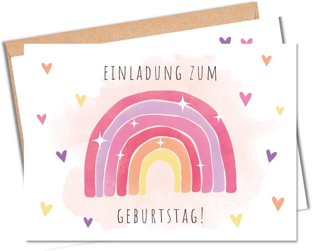 SnelShoppen - 10 Verjaardagsuitnodigingen Voor Meisjes - Schattige Regenboog Uitnodigingen - Inclusief 10 Enveloppen - Premium Kwaliteit - Feest, Kind