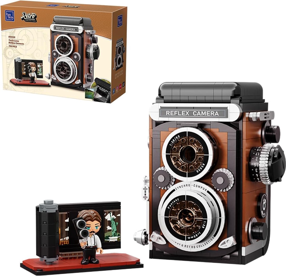 SnelShoppen - PANTASY Retro Camera Bouwset voor Volwassenen, Vintage Twin-Lens Reflex Camera Model met Interactieve Functies, Decoratief Fotografie Co