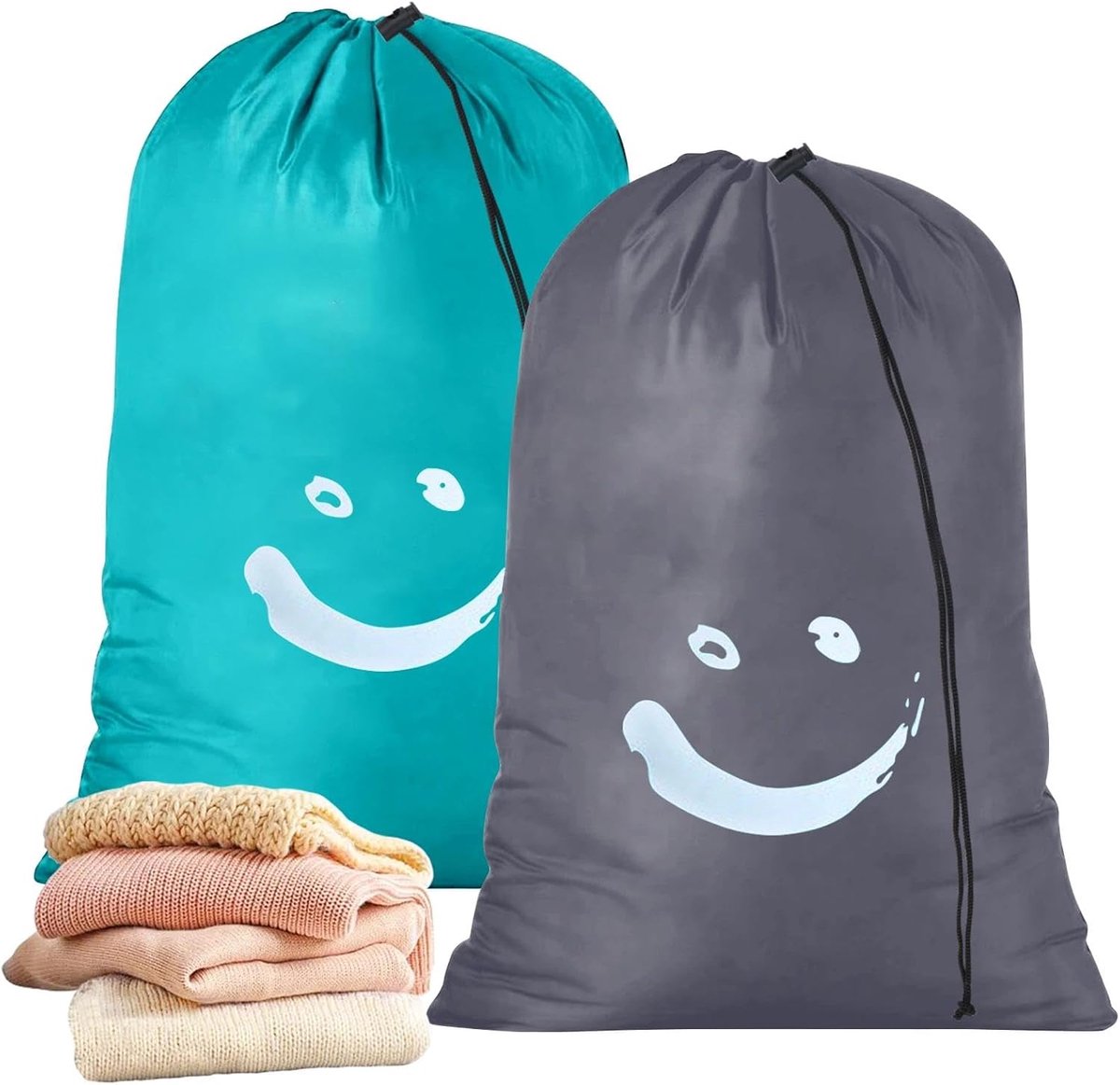 SnelShoppen - Travel Laundry Bag - 2 Stuks Grote Waszakken - Vuilwaszakken voor Reis, Camping, Thuis - 61 x 92 cm (Grijs, Blauw)