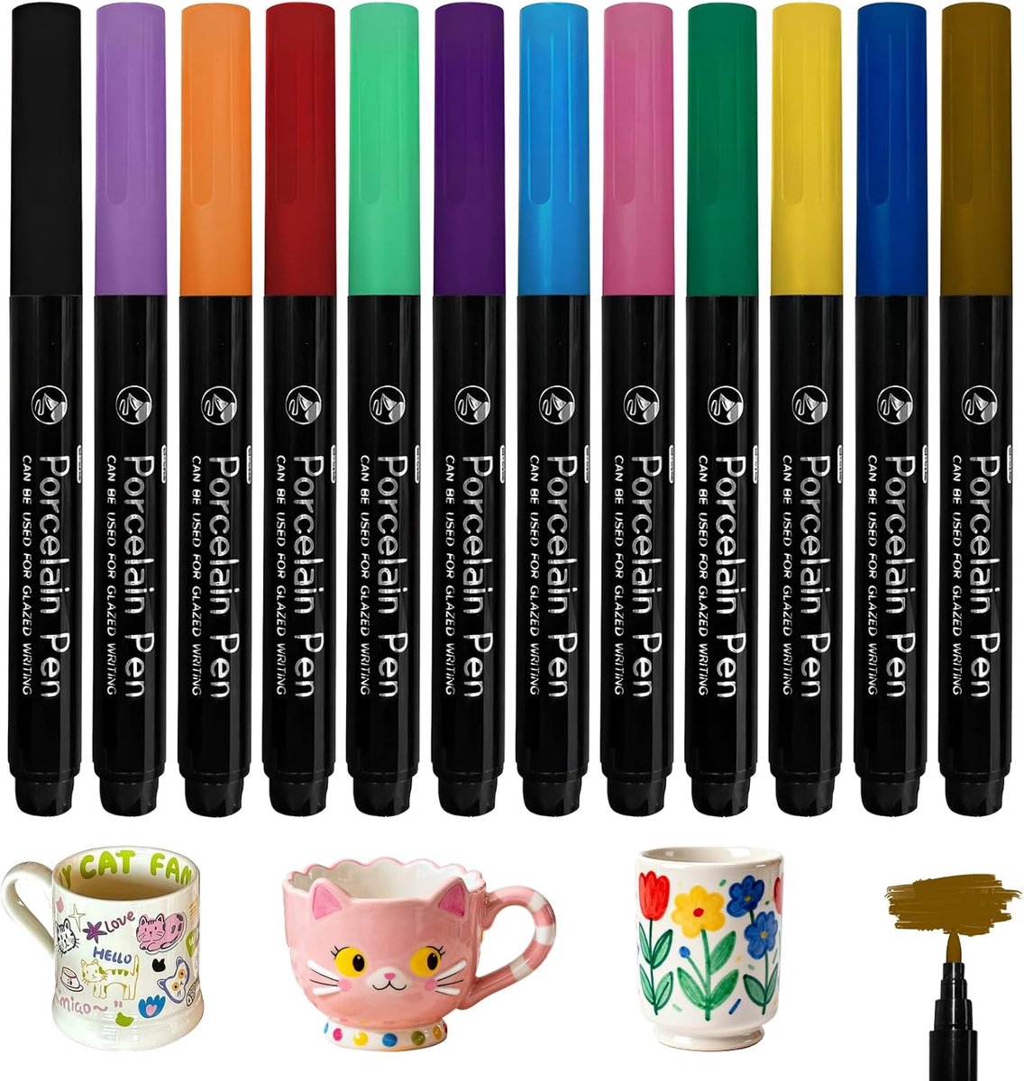 SnelShoppen - 12 Porselein Markers - Vaatwasserbestendig - Waterbasis - Glazen en Porselein Pennen - Keramische Stiften - 12 Kleuren voor Creatieve Pr