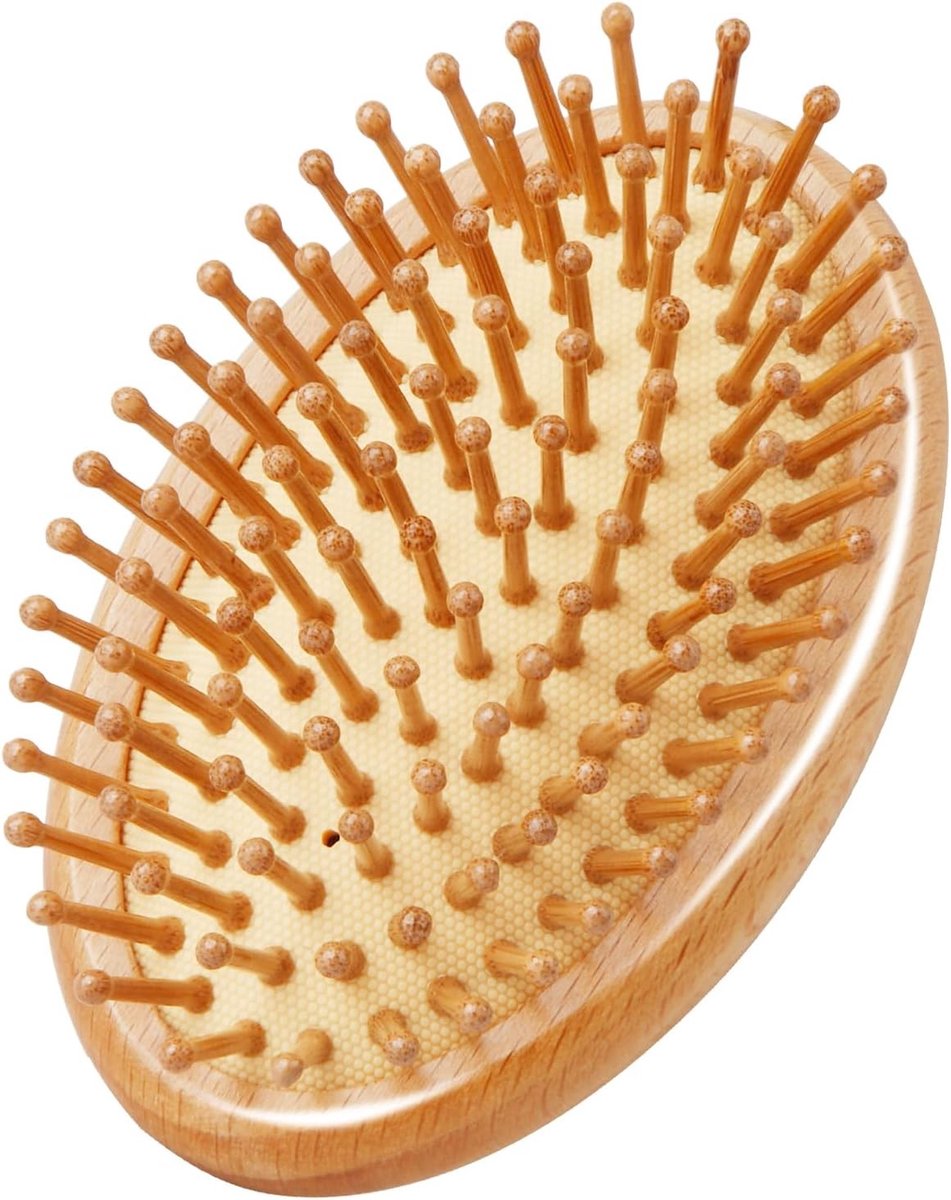 Houten Scalp Stimulator Borstel voor Haargroei, Mini Massager met Bamboo Haren, Rond en Handvatloos Ontwerp