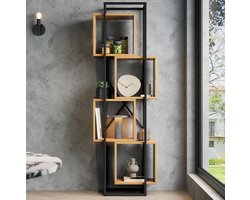 MIVRAY Boekenkast – 59 x 30 x 180 cm – Open Stapelontwerp met 4 Vakken – MDF en Metaal – Zwart Bruin – Display en Opbergrek