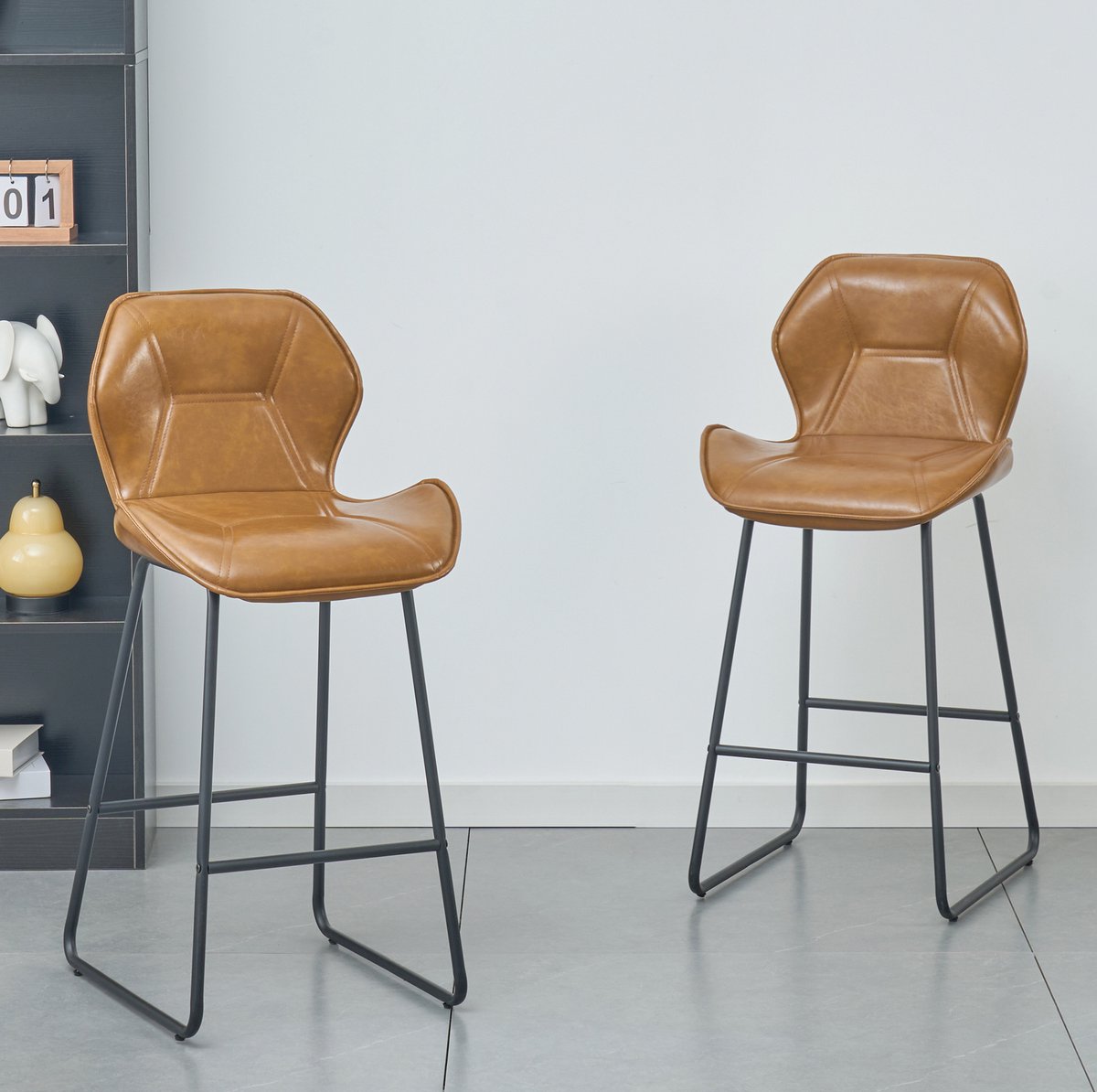 COVREO Barkruk set van 2 48,5 x 91,5 cm - cognacbruin kunstleer, met rugleuning en voetsteun
