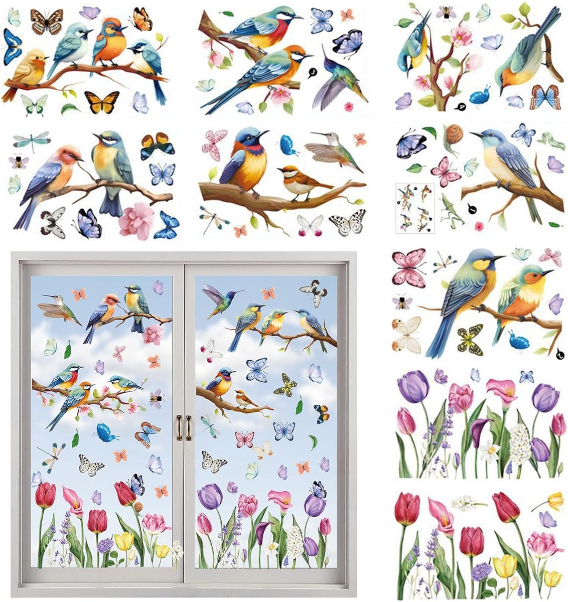 SnelShoppen - 9 Stuks Zelfklevende Raamstickers Lente - Dubbelzijdige PVC Raamdecoratie voor Woonkamer en Slaapkamer - Waterdicht, Herbruikbaar, Milie