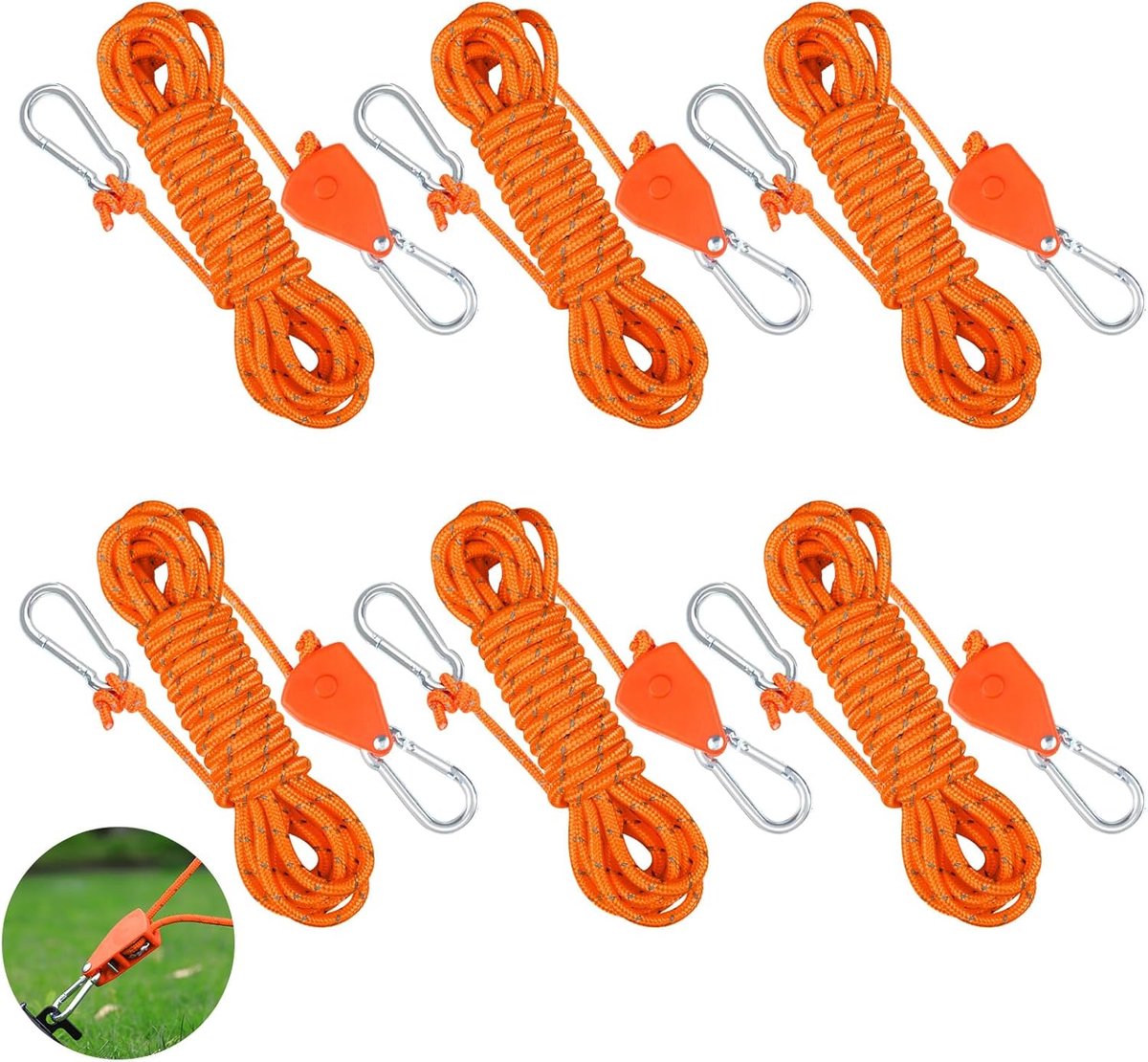 SnelShoppen - Pack van 6 Verstelbare Tenten Spanners 4 mm x 4 m Oranje Touw voor Camping, Parasols en Buitenactiviteiten