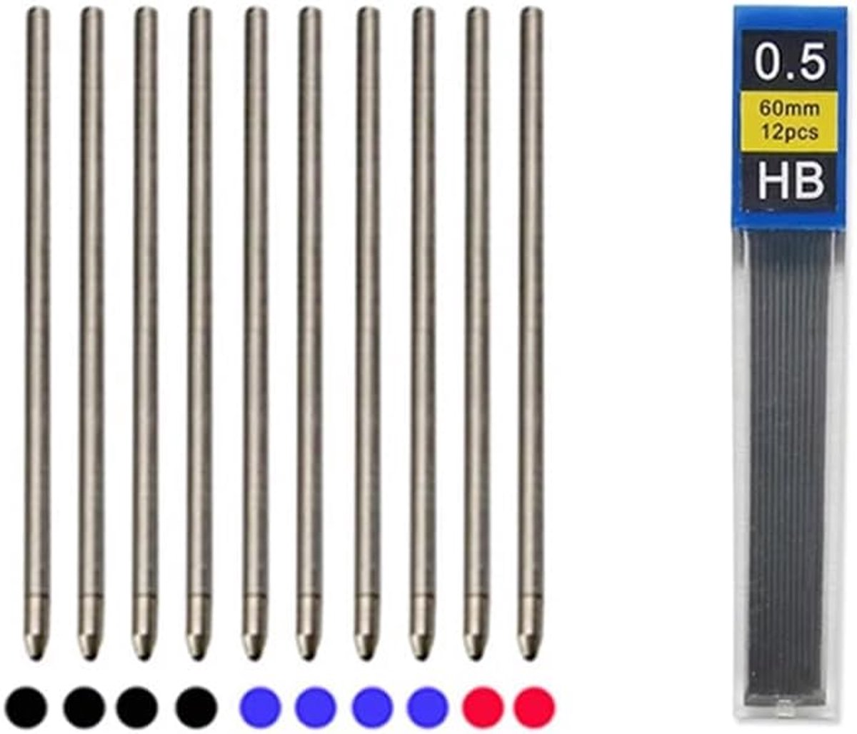 SnelShoppen - 11-delige Multicolor Balpen Navullingen en Automatische Potlood Leads 0.7mm Zwart Blauw Rood, Perfect voor Kantoor en School