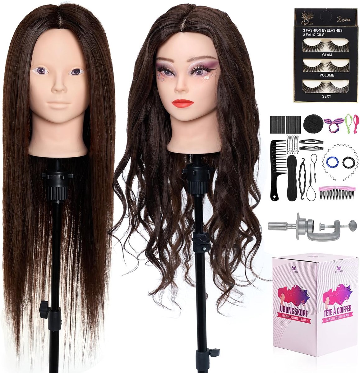 SnelShoppen - Professionele Hoofd met 60% Echt Mensenhaar 71 cm - Make-up, Cosmetica, Mannequin Oefenhoofd met Haar voor Haarstyling en Vlechten - Inc