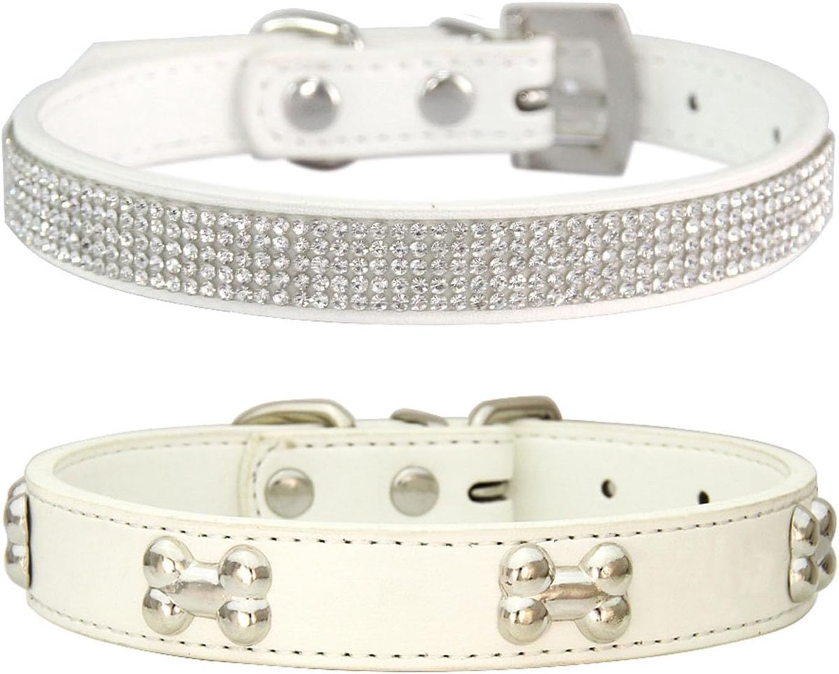 SnelShoppen - 2-Piece Hondenhalsband Set met Strass en Bot Nieten, Geschikt voor Kleine en Middelgrote Honden en Katten, Wit, M