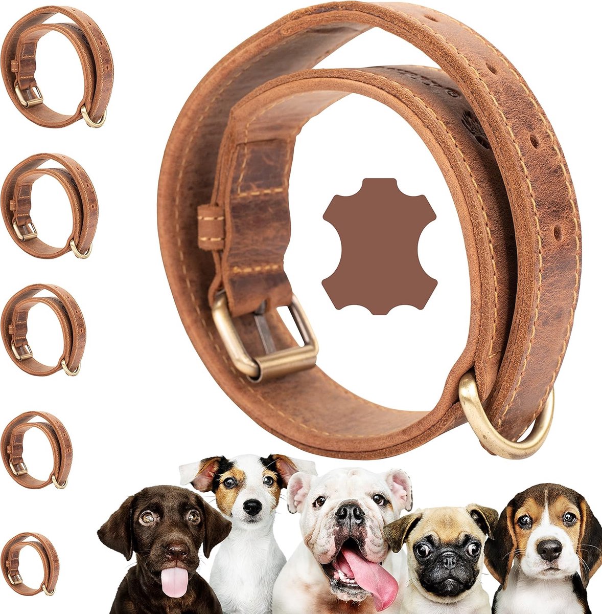 SnelShoppen - Hondenhalsband Bruin, Robuuste Leren Halsband van Hoogwaardig Koeienleer, Ideaal voor Sterke Honden, Verstelbaar 40-47.5 cm