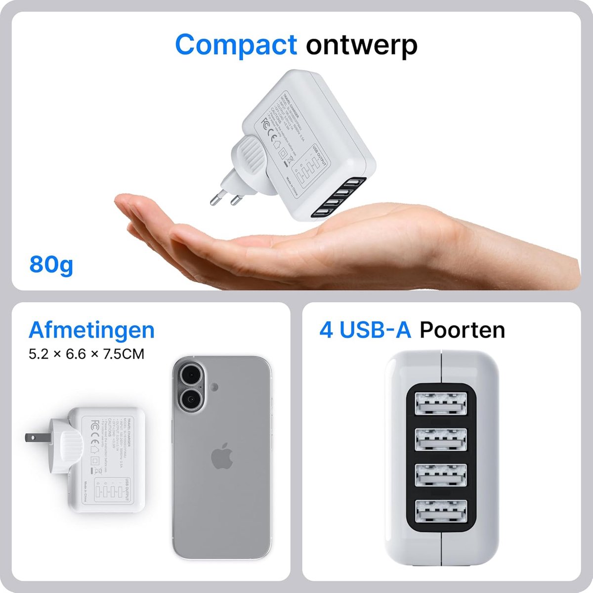 SnelShoppen - Voomy World Plug Reisadapter Engeland met 2 USB-C en 2 USB-A, Opvouwbaar, Brandvertragende Materialen, Compact en Lichtgewicht voor Vaka — cadeau in Gadgets - foto 4