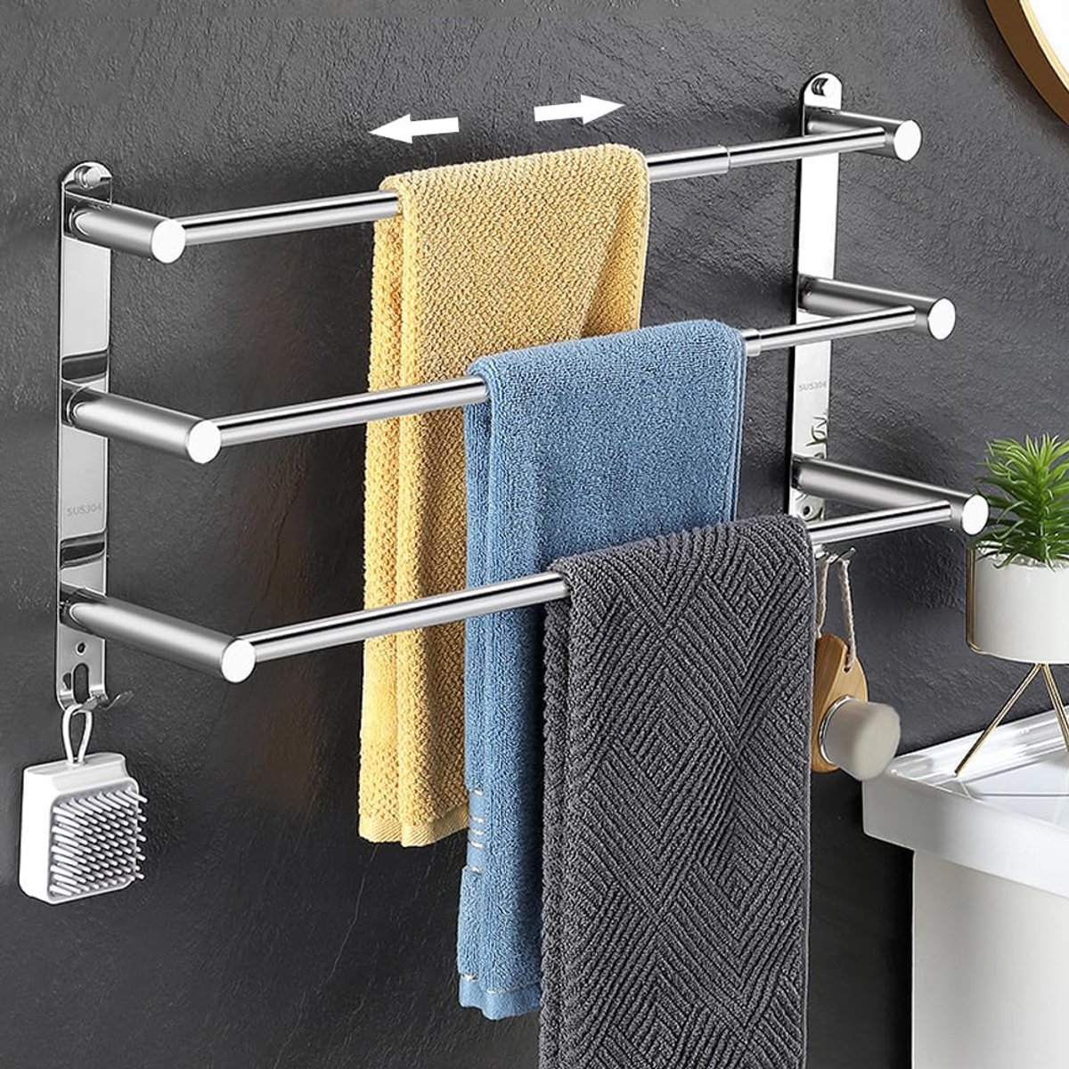SnelShoppen - Uitrekbare Handdoekhouder 3-Arm 43-75 cm RVS - Geen Boren, 4 Haakposities voor Badkamer en Keuken - Praktisch en Ruimtebesparend
