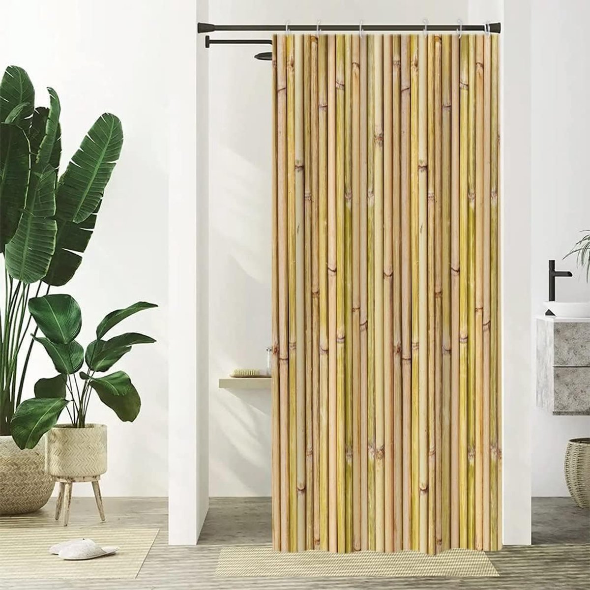 SnelShoppen - Bamboo Douchegordijn met Bamboe Look - Waterdicht en Antimould - Opaak Polyester - 90 x 180 cm - Wasbaar voor Badkamer - Inclusief Gordi