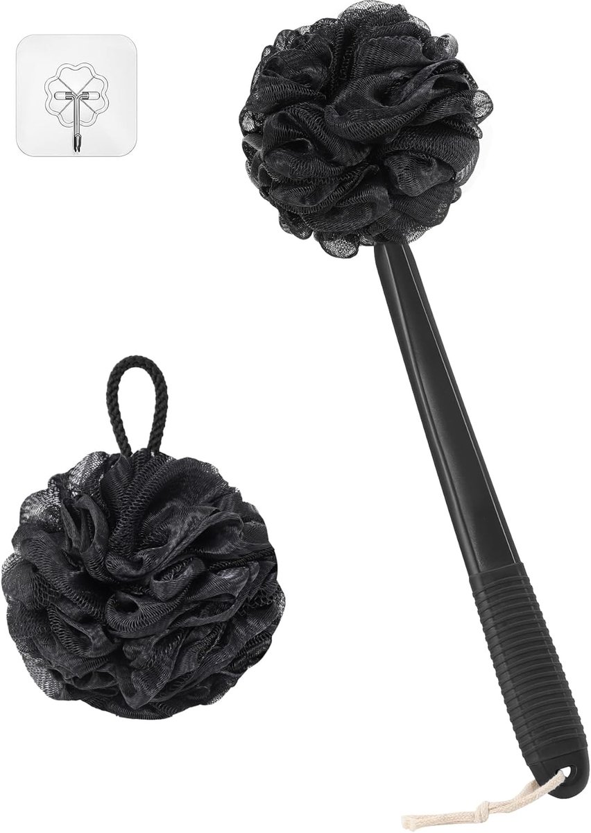 SnelShoppen - 17 Inch Back Scrubber Shower Set - Non-Slip Plastic Handle Badschrobber met Loofah, Zwart, Duurzaam, Hygiënisch, Ideaal voor Volwassenen