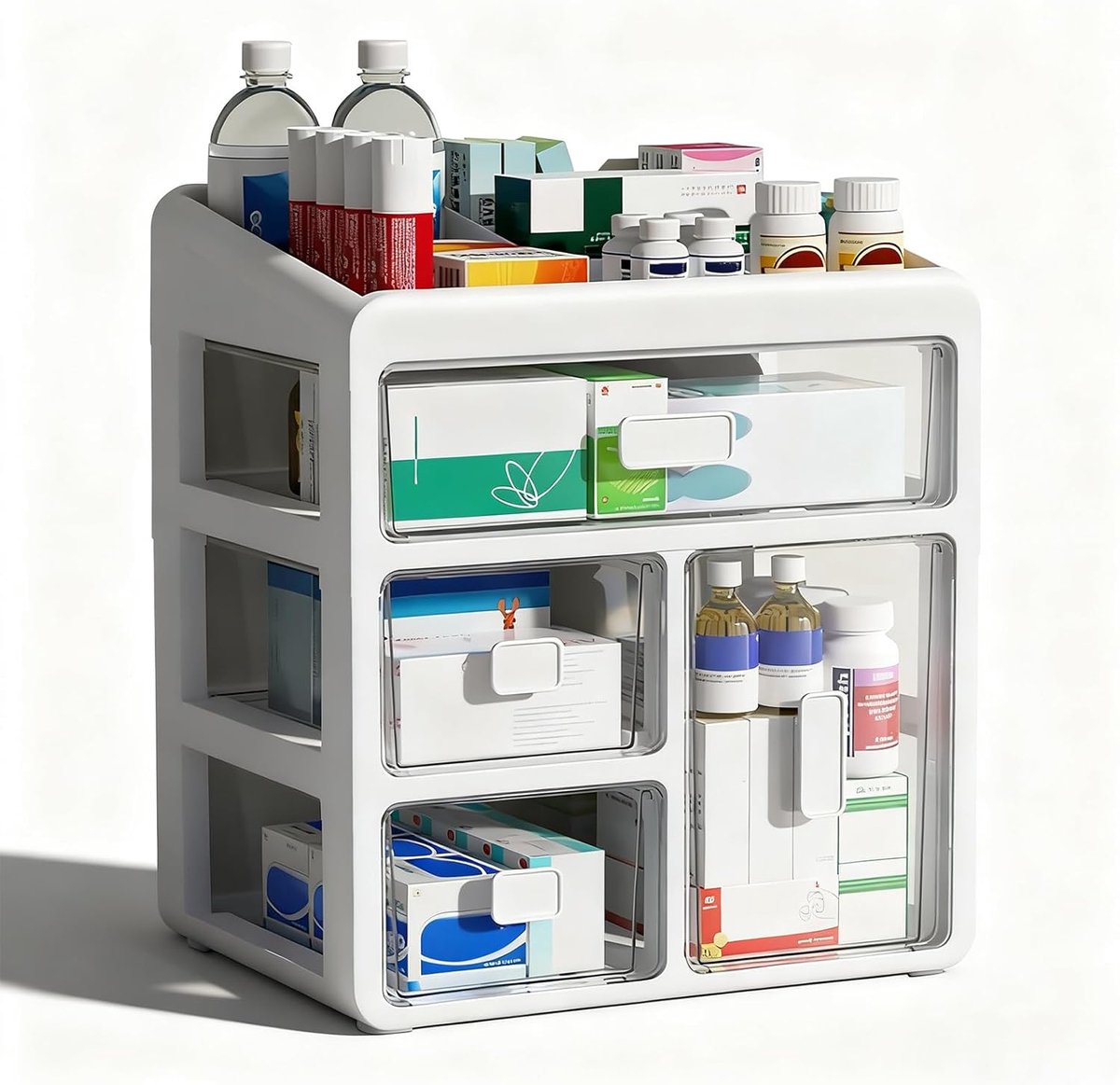 SnelShoppen - 4-laags Medicijnkastje, Medische Opbergdoos met Doorzichtige Laden, Organizer voor Medicijnen en Kleine Cosmetica, Wit