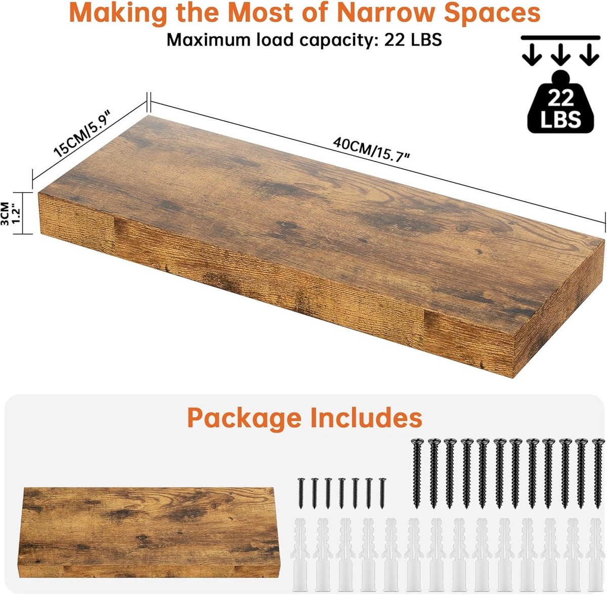 Drijvende Houten Wandplank van 40 cm, Stabiele Plank voor Slaapkamer, Woonkamer en Keuken, Decoratieve Opbergoplossing