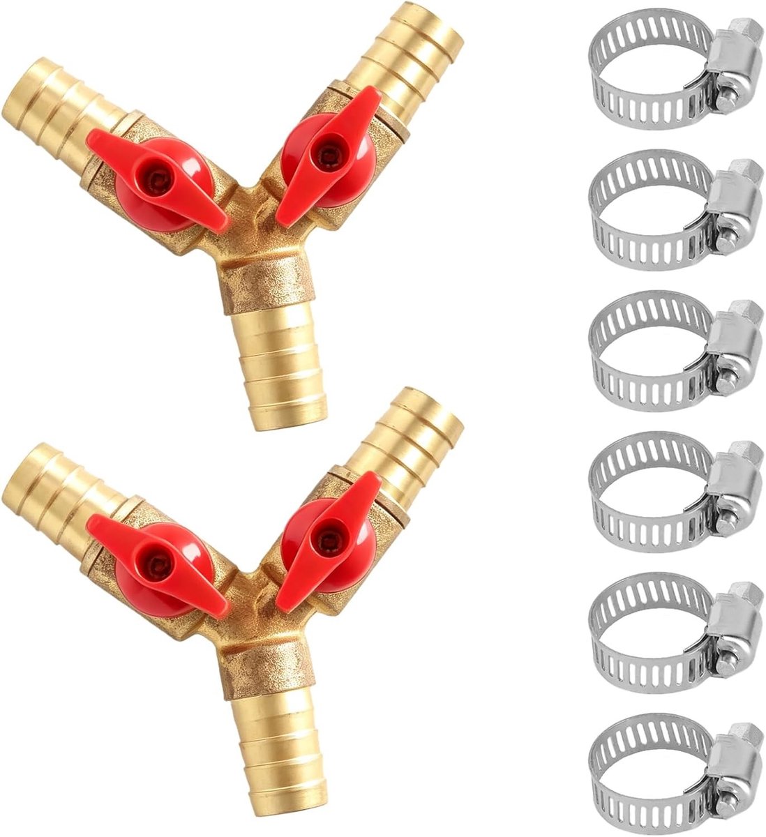 2 stuks 12 mm slangverbinders, messing Y-slangverbinder en 3-weg kogelkraan met 6 slangklemmen voor camping, barbecue en gasgebruik