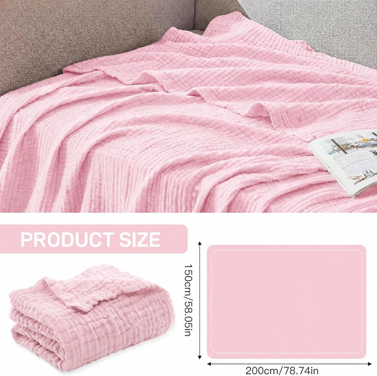 Zachte Muslin Dekentje 150 x 200 cm, 100% Katoen, 6 Lagen, Ideaal voor Bed en Bank, Ademend en Lichtgewicht Dekbed voor Elk Seizoen (Roze)