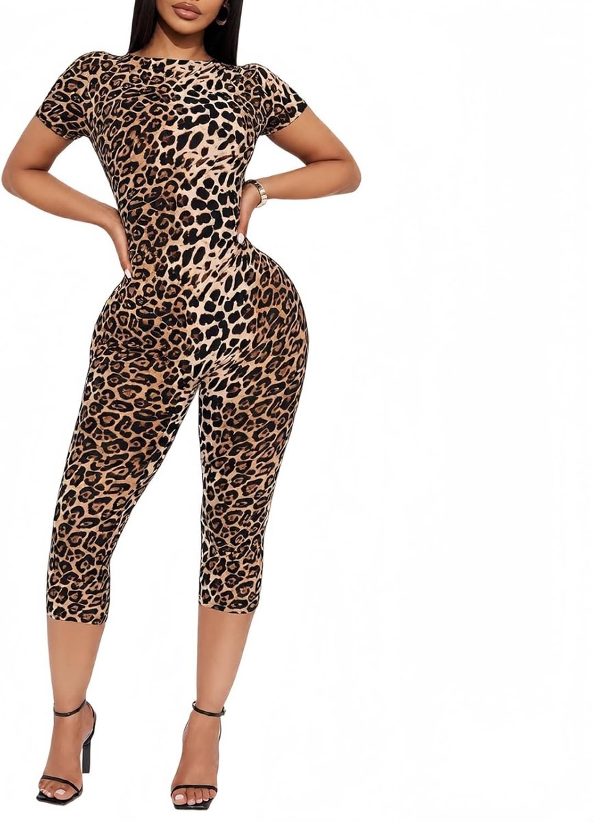 Dames Jumpsuit met Korte Mouwen en Luipaardpatroon - Stretchy Slim Fit, Perfect voor Feesten en Yoga