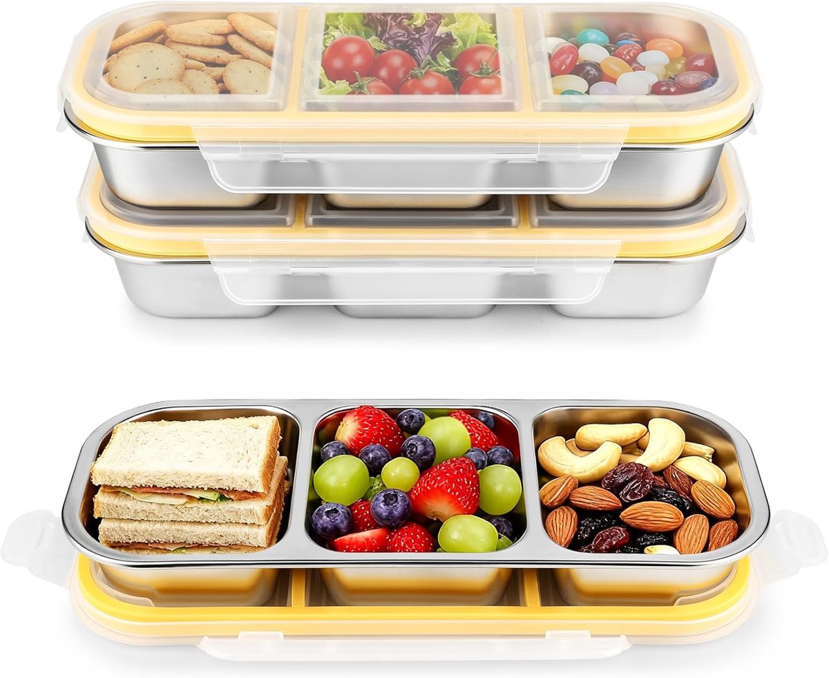 VHV - Vershoudbakjes - RVS lunchbox - Snackdoosjes - 600ml - Lunchbox kind - Set van 2 - Met 3 vakken - Lekvrij - Roestvrij staal - Voor school, werk en reizen - Zilver